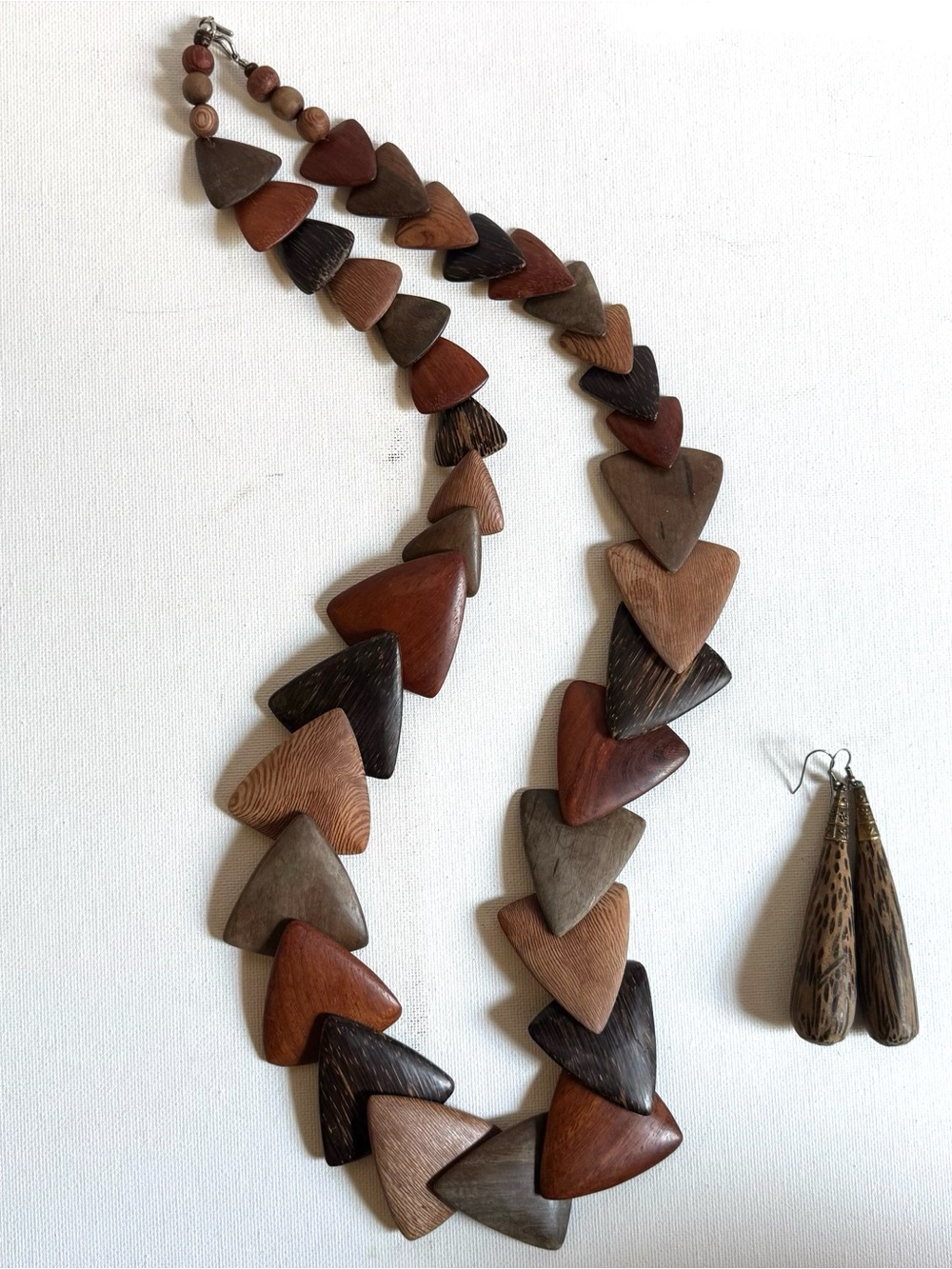 Vtg Wood Statement Necklace Earrings Set Boho Geometric Tribal Artisan Chunky